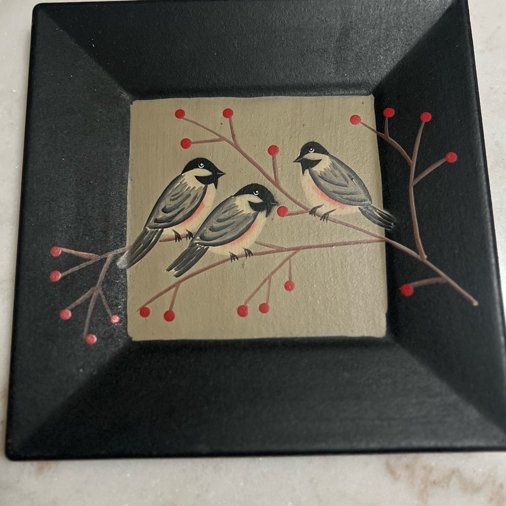 Donna White Square Decorative Hand Painted Wooden Plate Birds Artist Signed Vtg